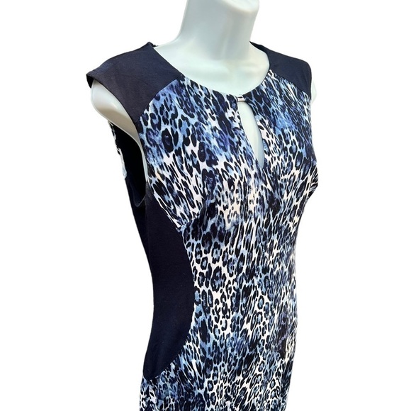 CACHE Stretch Sheath Dress Mini Blue Black Animal Print Sleeveless Size Small - Picture 3 of 7